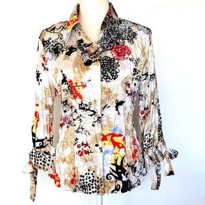 Le Caviar Shirt Size L Button Front Ivory Asian Inspired Tie Sleeves Shiny Silky